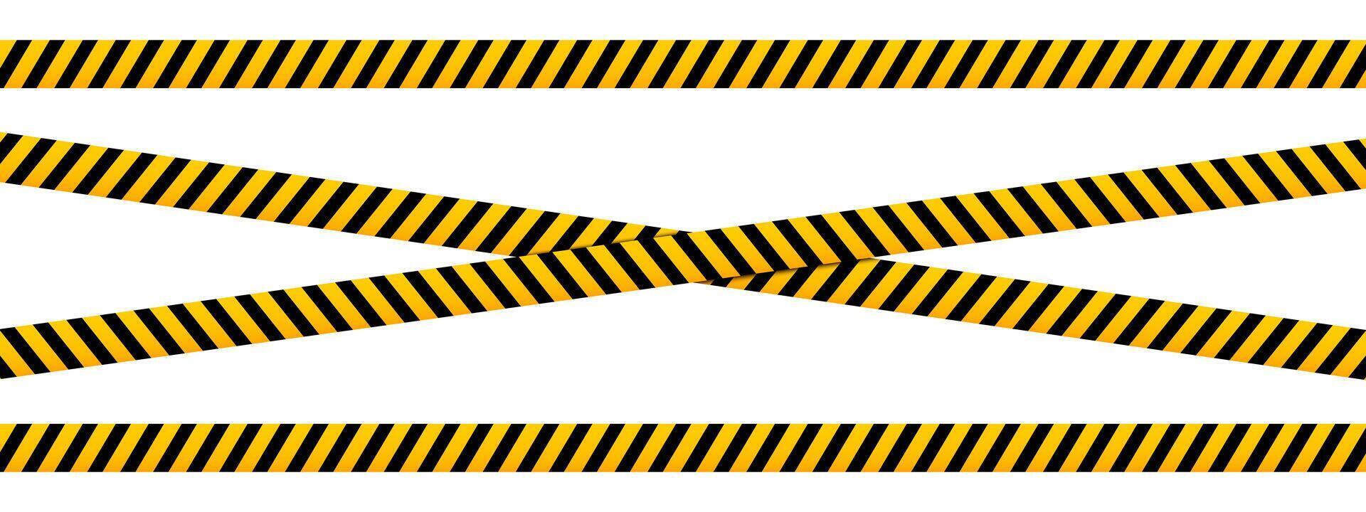 Horizontal and crossed caution tapes with black and yellow slashes print. Warning barricades in road work zone, construction area or criminal scene. Warn, hazard or stop signs. illustration vector
