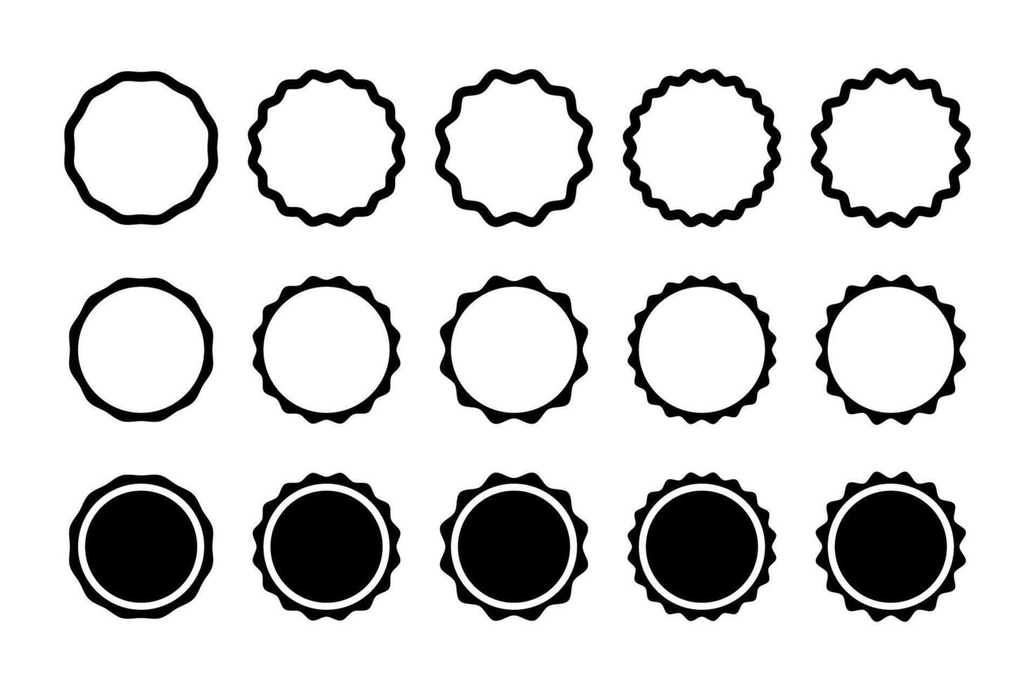 Set of sunburst, sunlight or sunshine icons. Round badges, stamps, labels and price tags with scalloped edges. Collection of discount, sale, promotion or quality stickers isolated on white background vector