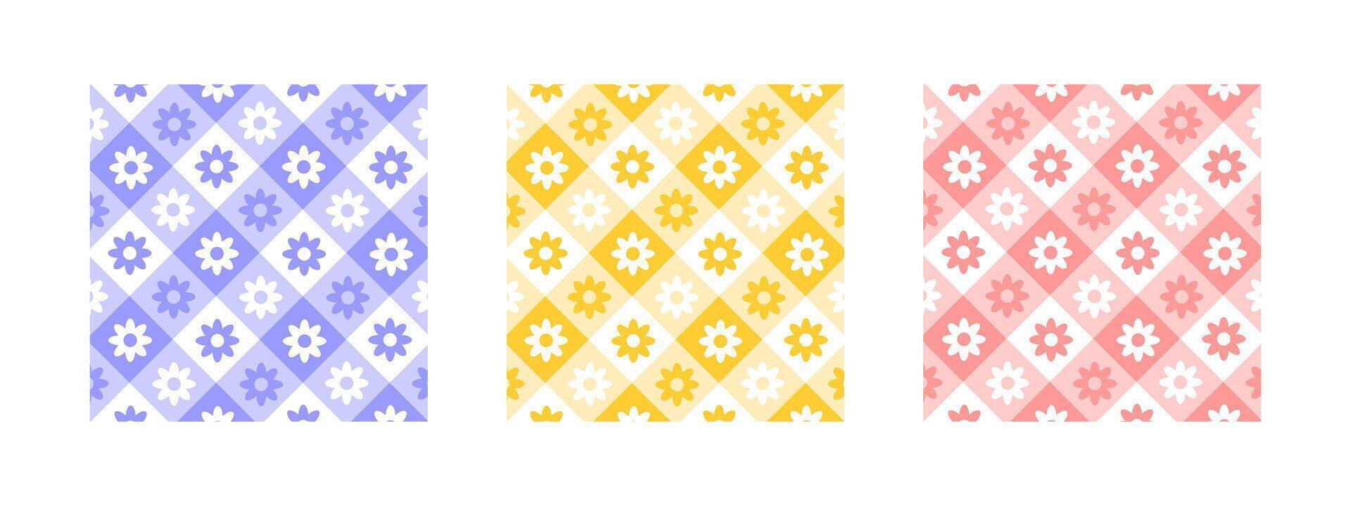 Set of checkered pattern samples with flowers. Textures for spring or summer picnic plaid, table cloth, napkin or blanket. Fabric backgrounds with cute gingham print. flat illustration vector