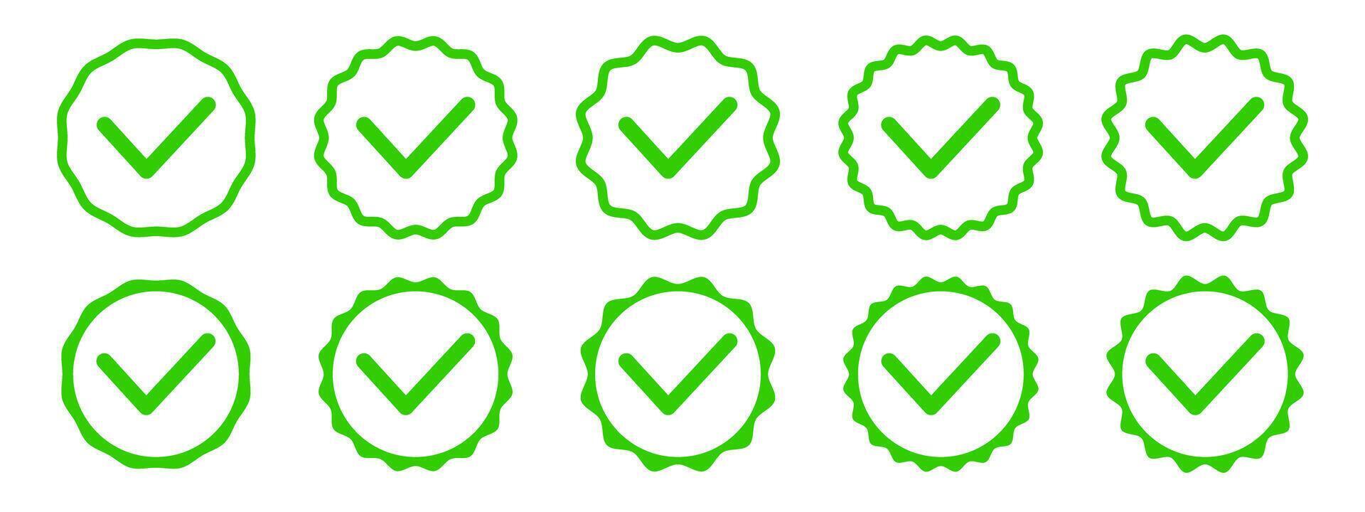 Set of tick icons. Green checkmark signs in round wavy shapes. Yes, ok or done buttons. Best choice, original, certificate or verification symbols isolated on white background. illustration vector