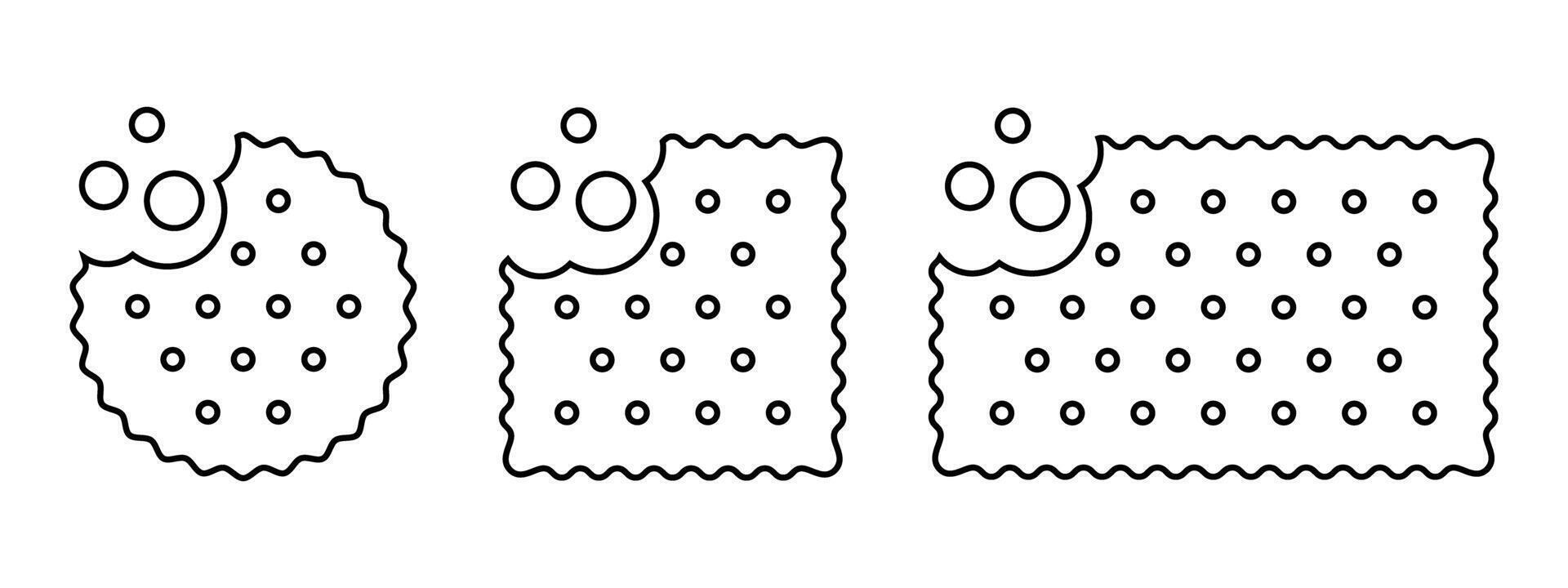 Set of bitten crackers icons with crumbs. Sweet or salty biscuit cookies in round, square and rectangle shapes. Popular crunchy snacks isolated on white background. outline illustration vector