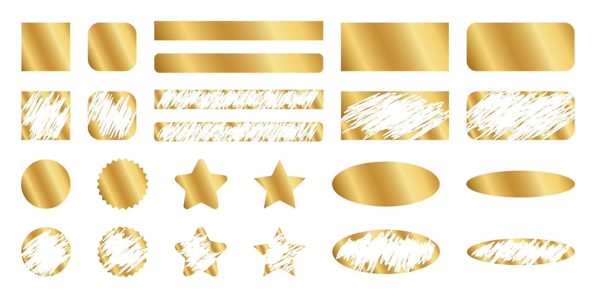Set of golden scratchcard surfaces in square and circle, rectangle and oval, star forms with new and scraped textures. Raffle, sale coupon or promo code card templates. illustration vector