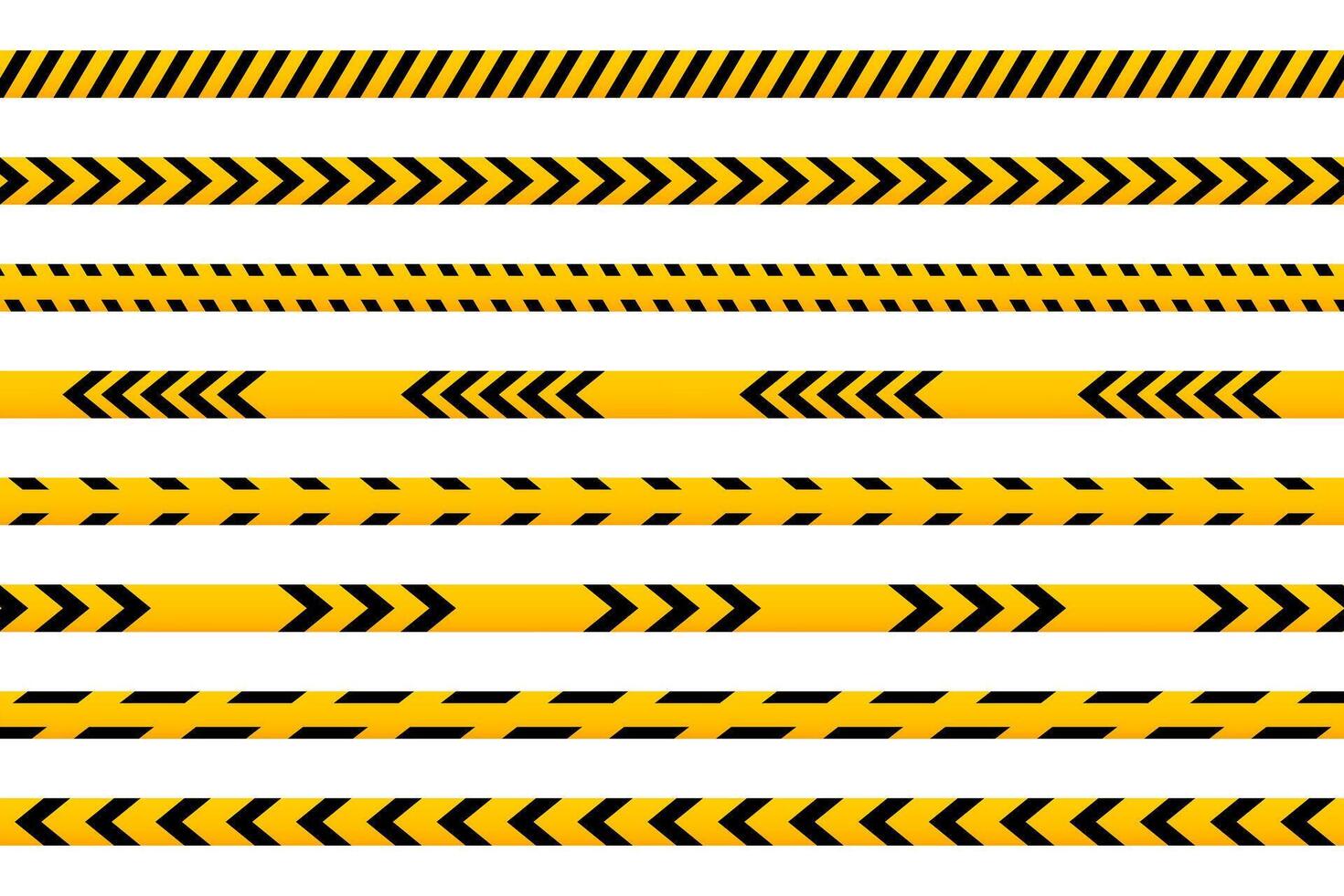 Set of different caution barricade tapes with black and yellow print. Barriers in quarantine site, construction work area or crime scene. Restricted, warn or forbidden signs. flat illustration vector