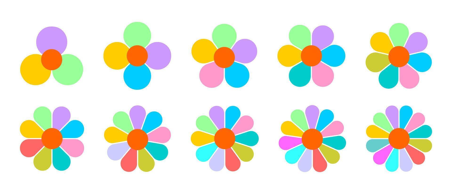 Set of flower shapes. Floral diagrams with petals from 3 to 12 for data presentation isolated on white background. Infographic templates. flat illustration vector