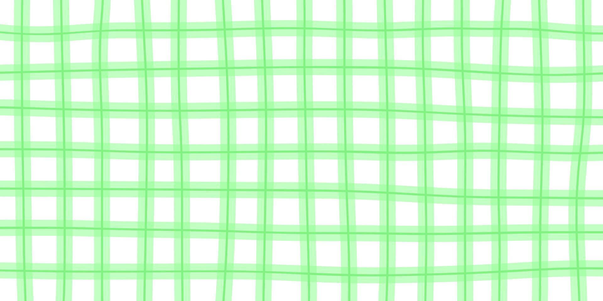 Checkered gingham pattern in doodle style. Picnic plaid, tablecloth or napkin texture in hand-drawn technique. Green crossed uneven lines. Minimalist aesthetic print. flat illustration vector