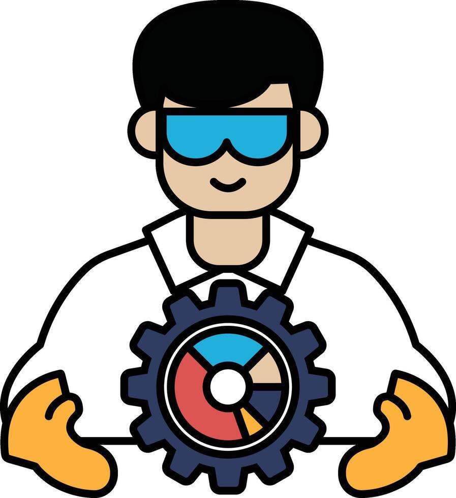 A man in a lab coat holding a gear with a smile on his face vector