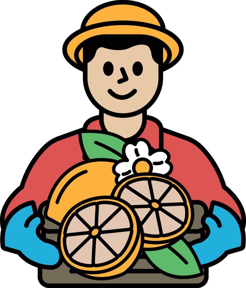 A man is holding a basket of fruit, including oranges and lemons vector
