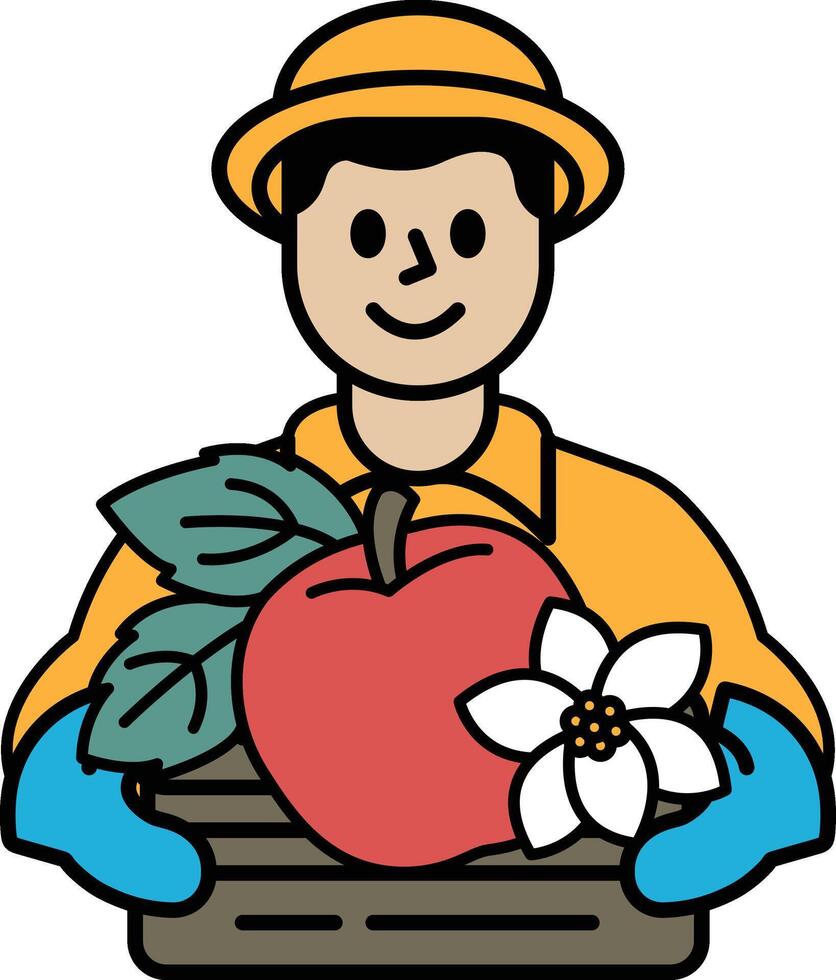 A man is holding a basket of fruit, including an apple and a flower vector
