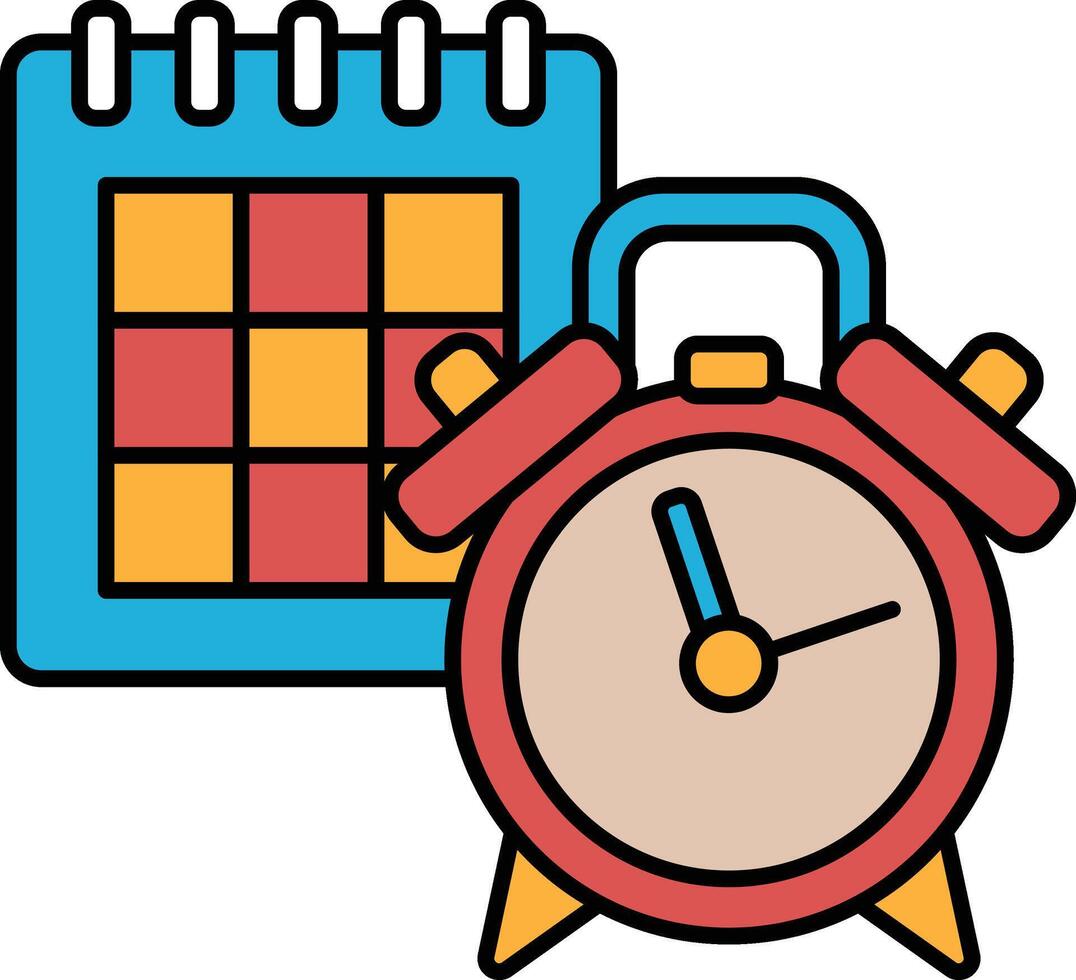 A red alarm clock sits next to a calendar vector