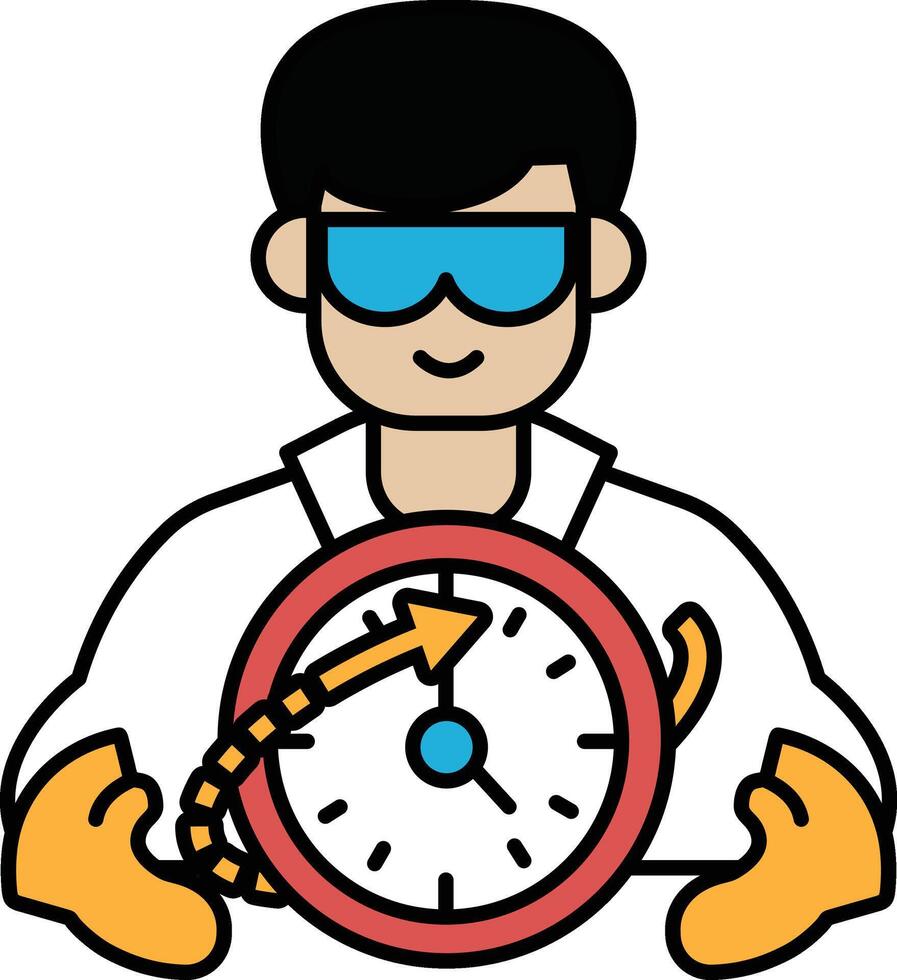 A man in a lab coat holding a clock with a red arrow pointing to the right vector