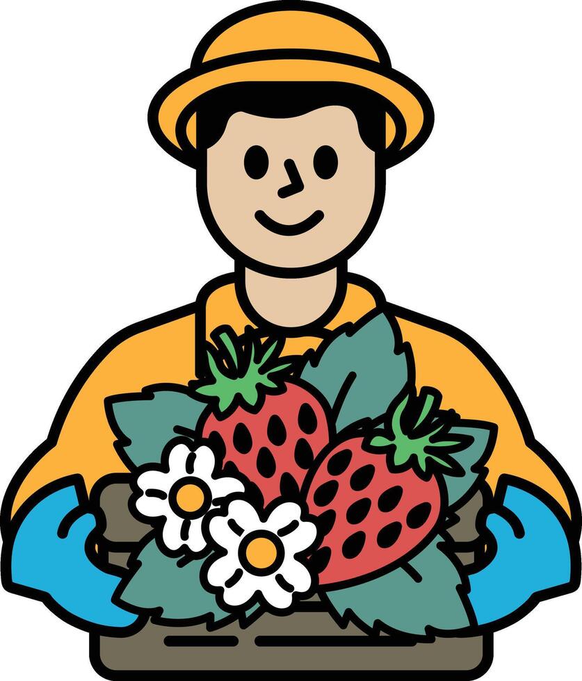 A man is holding a basket of strawberries and flowers vector