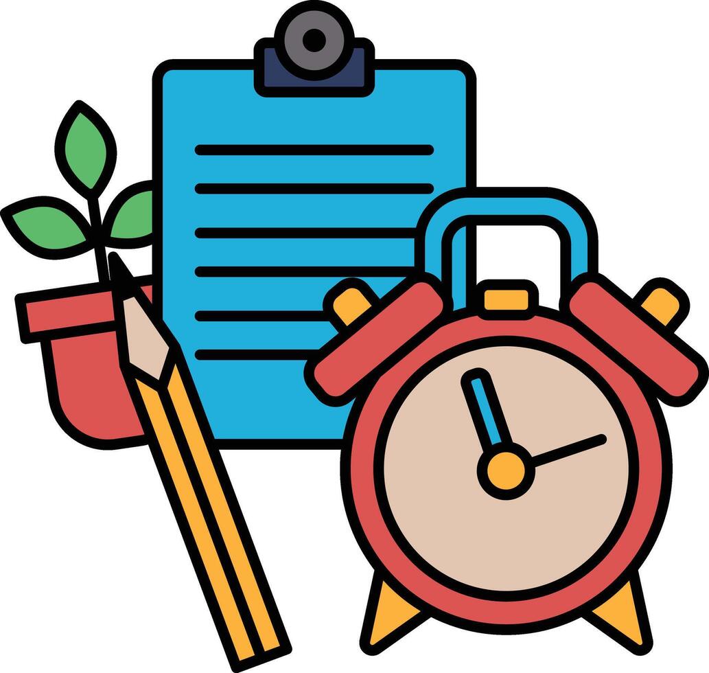 A red clock with a pencil and a piece of paper on a table vector