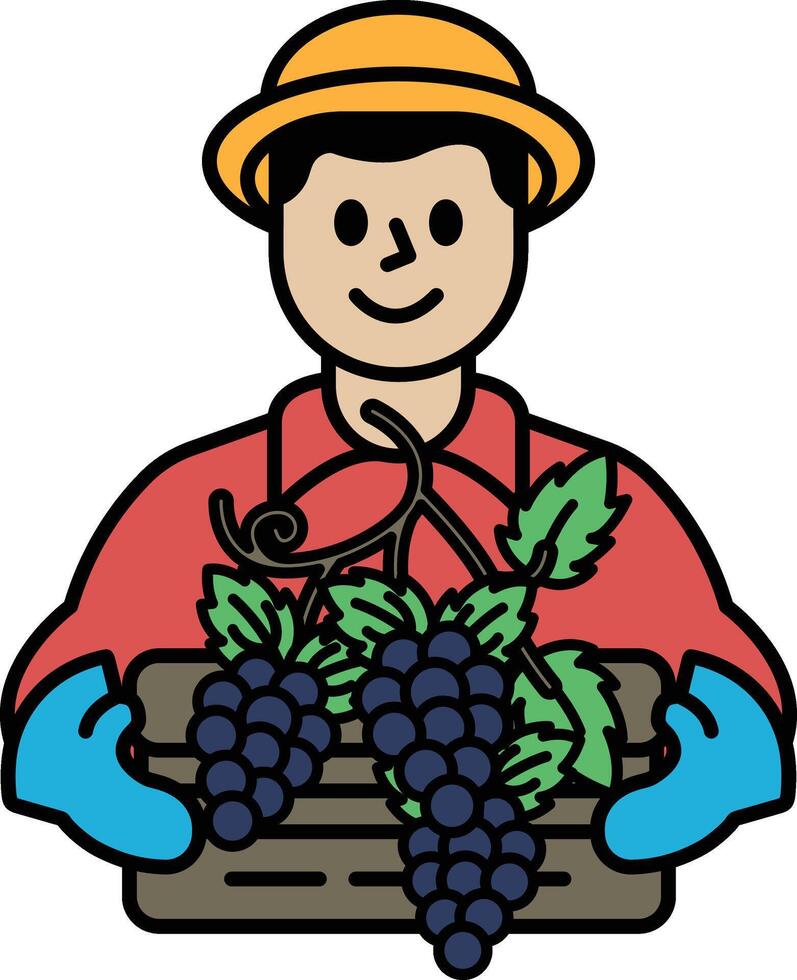 A man in a red shirt and hat is holding a basket of grapes vector
