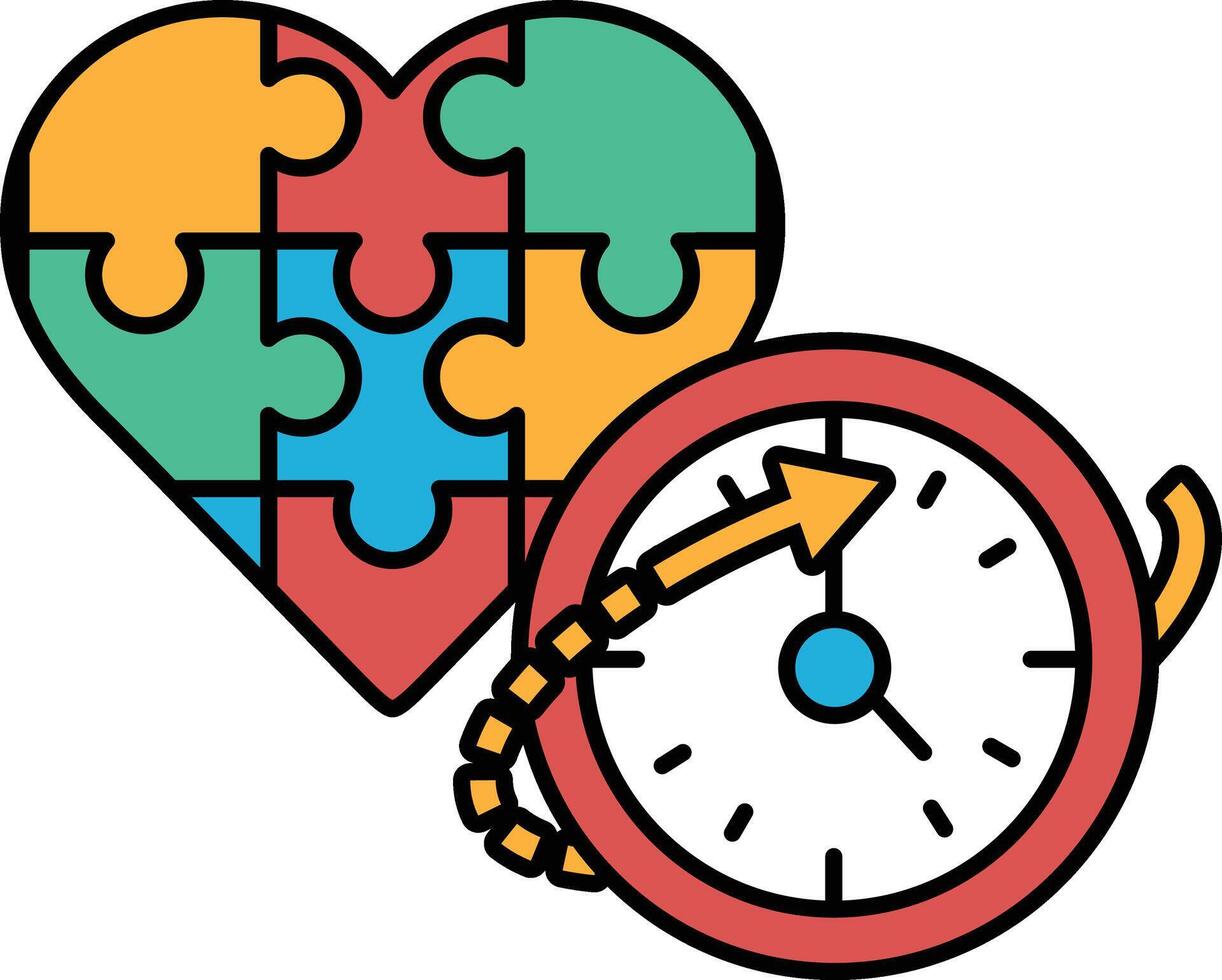 A puzzle piece heart and a clock with the hands on the number 3 and 9 vector