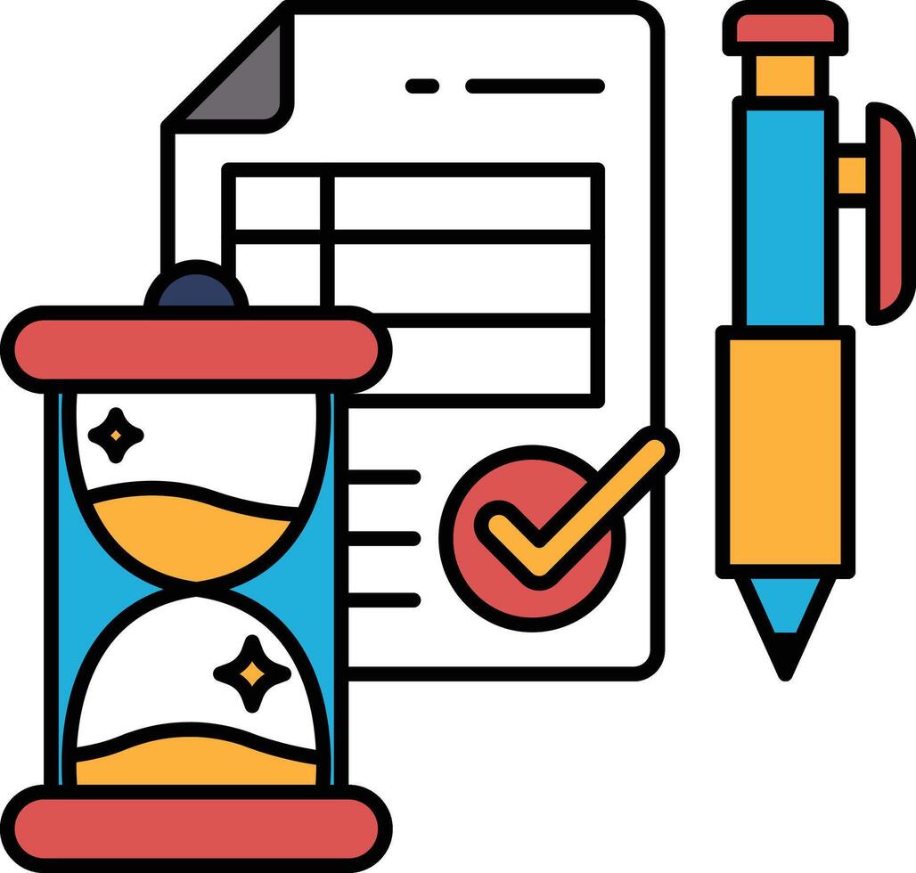 A clock, a pen and a piece of paper with a check mark on it vector