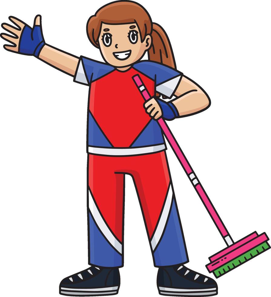 Curling Female Curler Holding Broom Clipart vector