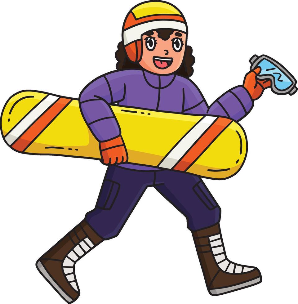 Snowboarding Girl with Equipment Cartoon Clipart vector