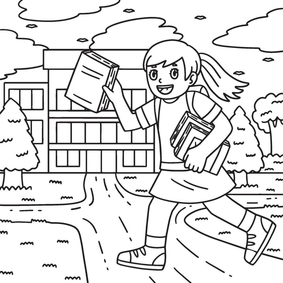 School Yard Girl with Books Coloring Page for Kids vector