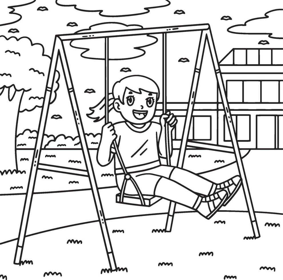 School Yard Girl on the Swing Coloring Page vector