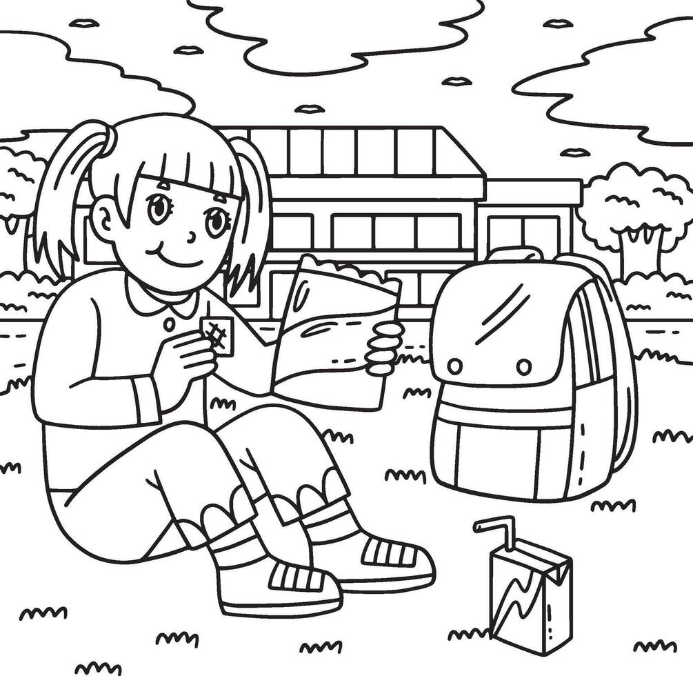 School Yard Girl Eating Snacks Backpack Coloring vector
