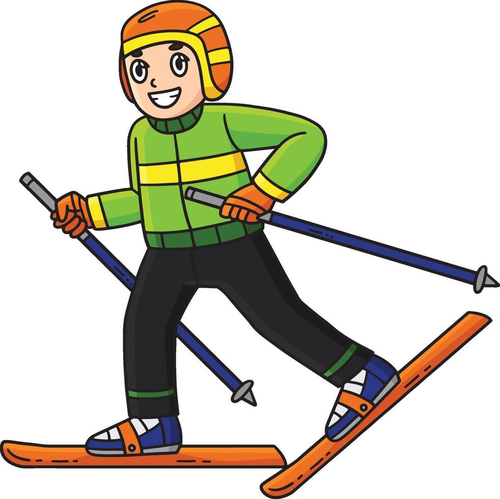 Skiing Boy Walking on Skiboard Cartoon Clipart vector