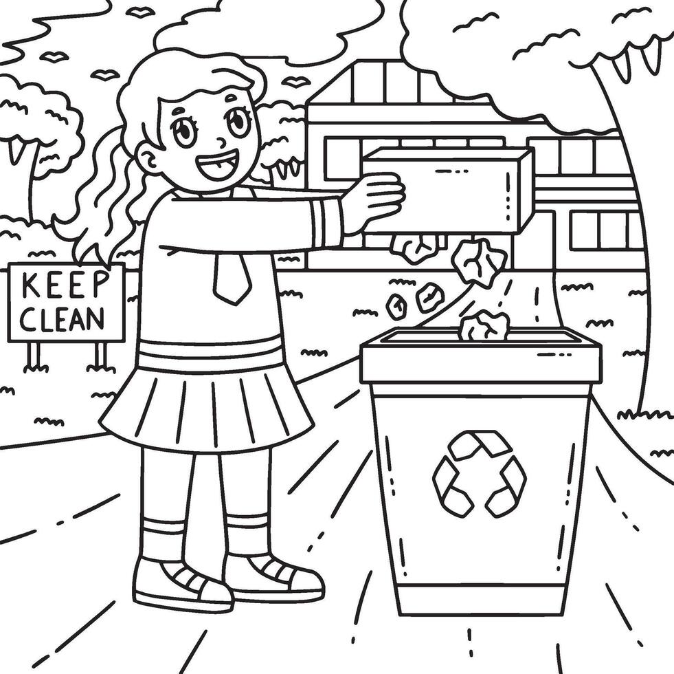 School Yard Girl Dumping Trash Coloring Page vector
