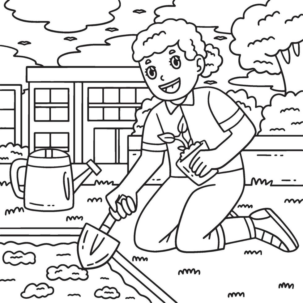 School Yard Girl Planting Seedlings Coloring Page vector