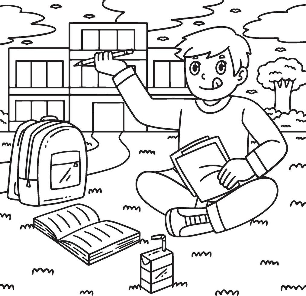 School Yard Boy Studying on the Grass Coloring vector