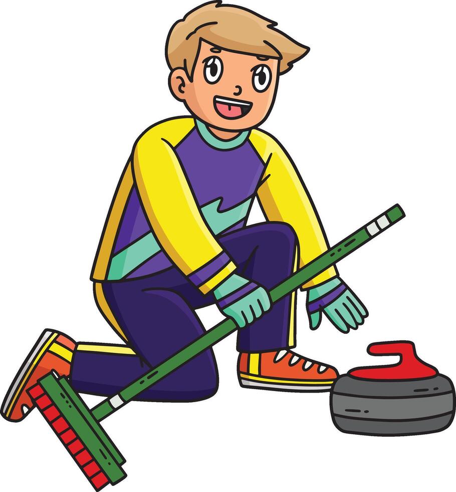 Curling Male Athlete with Stone Cartoon Clipart vector