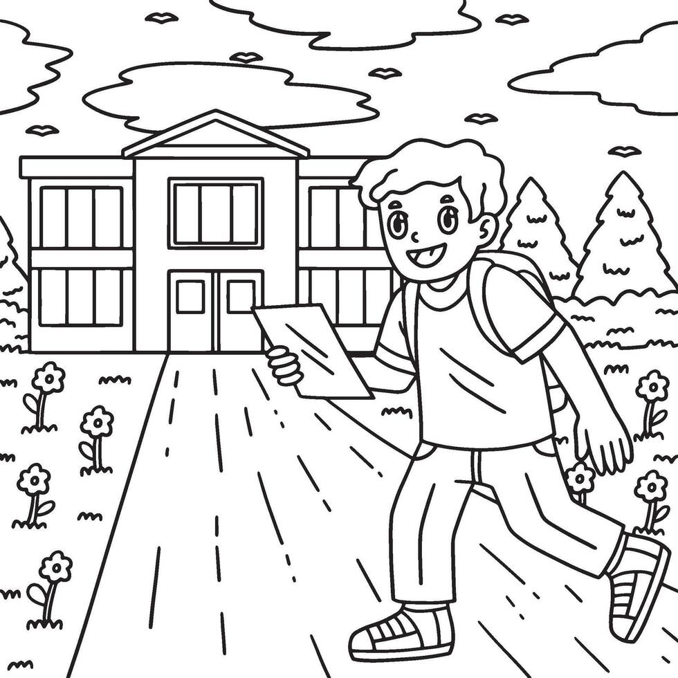 School Yard Boy Walking Towards School Coloring vector