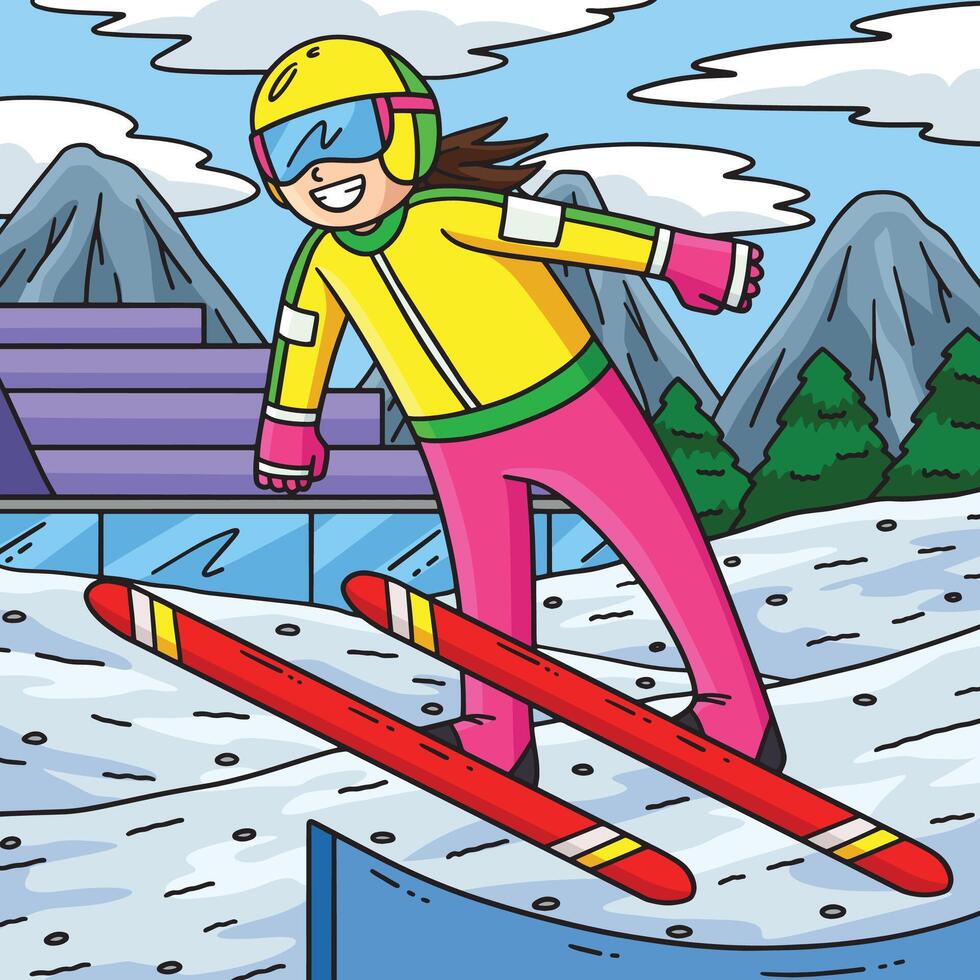 Girl skiing in colorful winter outfit vector