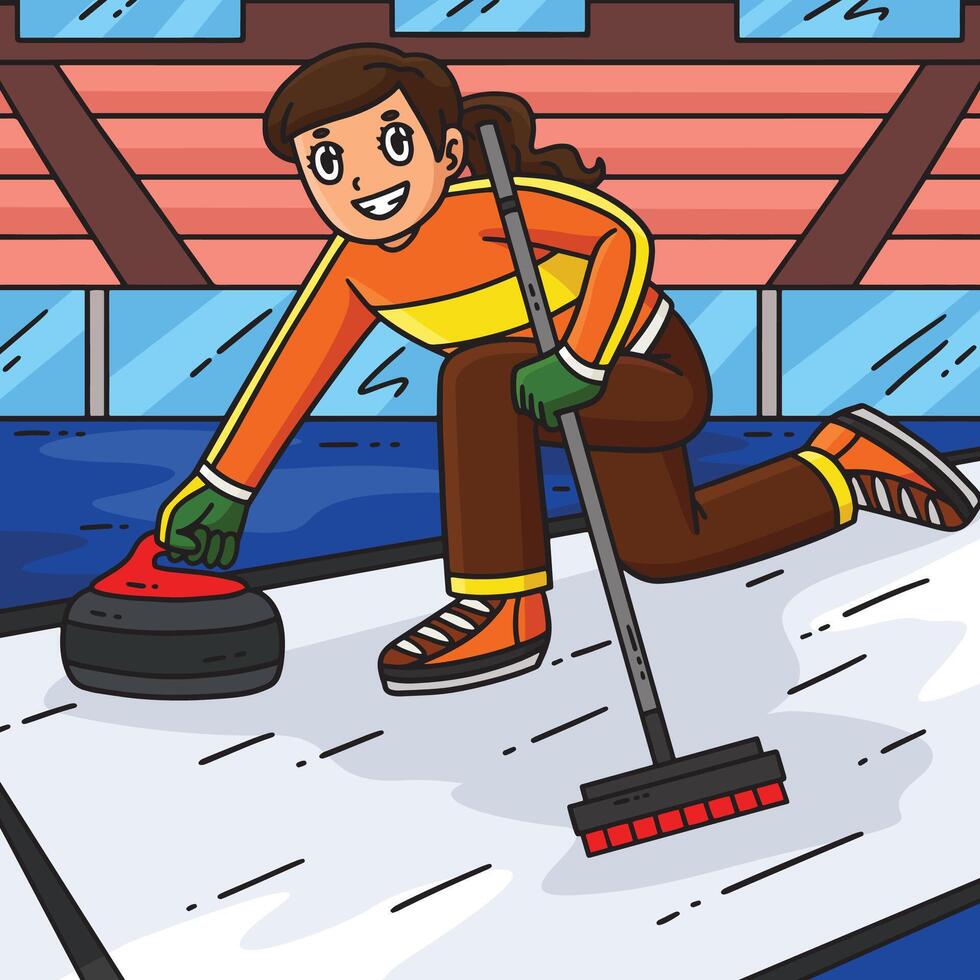 Girl curling with a stone on ice vector