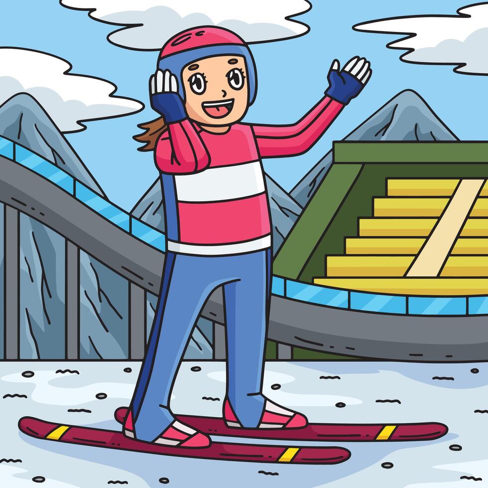 Cheerful skier on snowy slopes vector