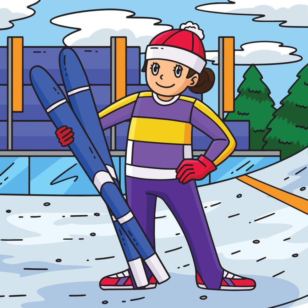 Girl in winter outfit holding skis vector