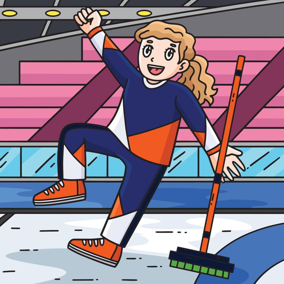 Girl celebrating with curling broom vector