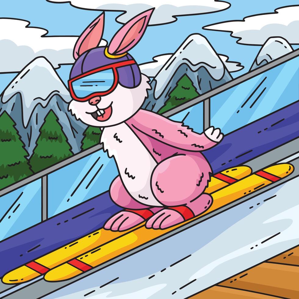 Bunny skiing on a colorful slope vector