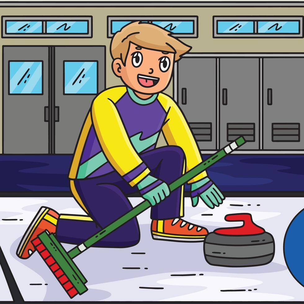 Curling Male Athlete with Stone Colored Cartoon vector
