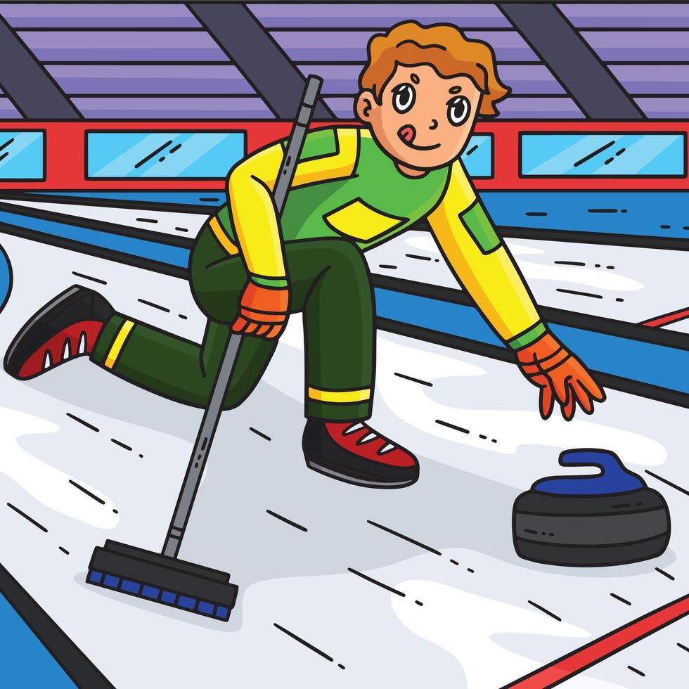 Boy playing curling on ice vector