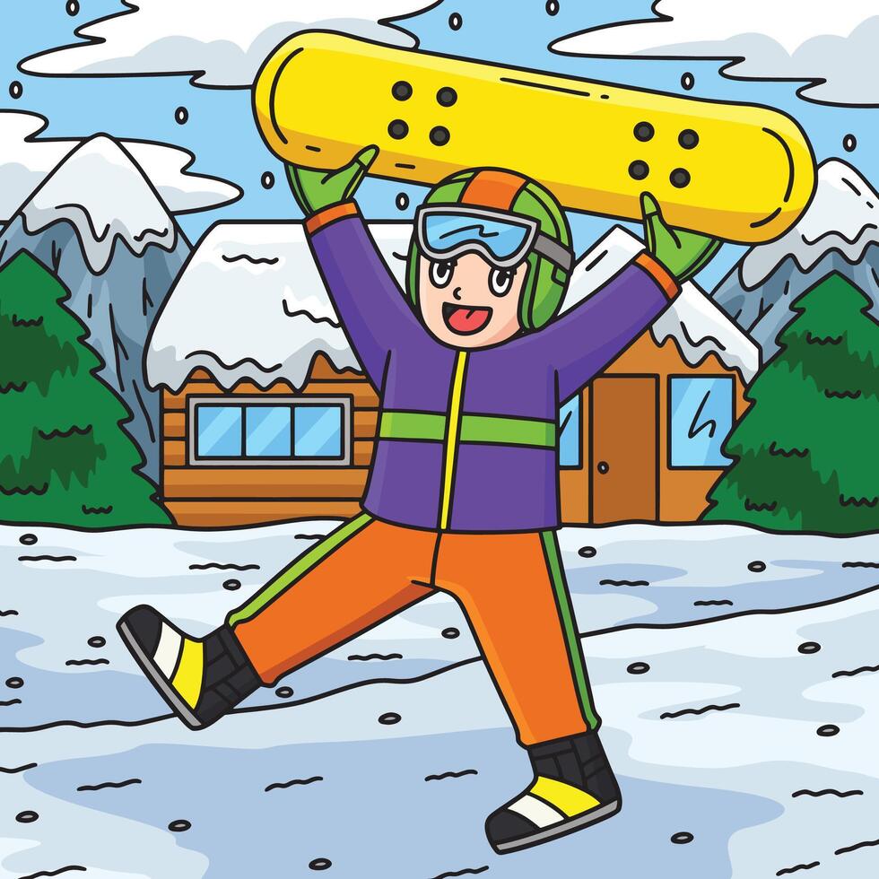 Snowboarding Boy Raising Snowboard Colored Cartoon vector