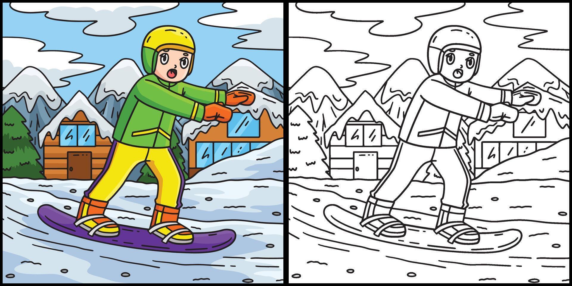 Snowboarding Boy Balancing Coloring Illustration vector