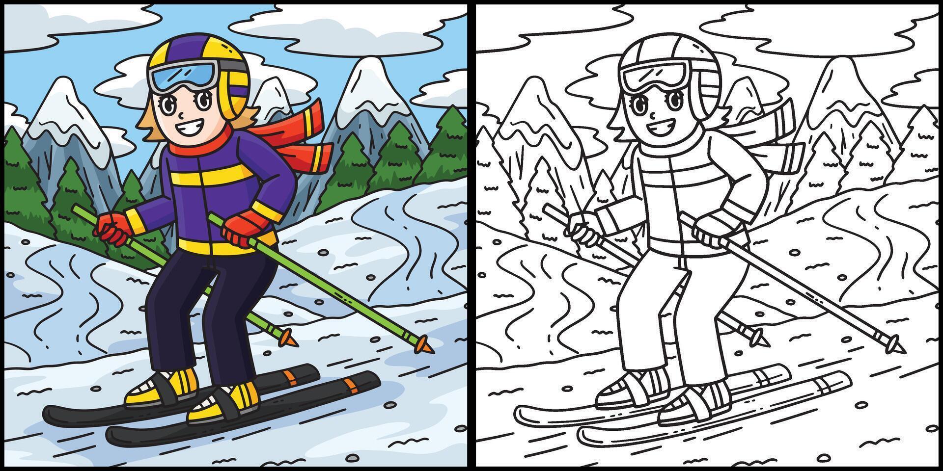 Skiing Girl Coloring Page Colored Illustration vector