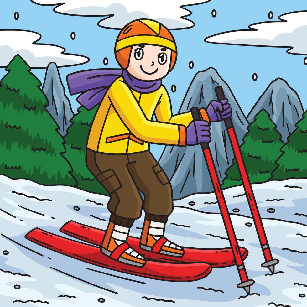 Skiing Boy Dragging Forward Ski Poles Colored vector