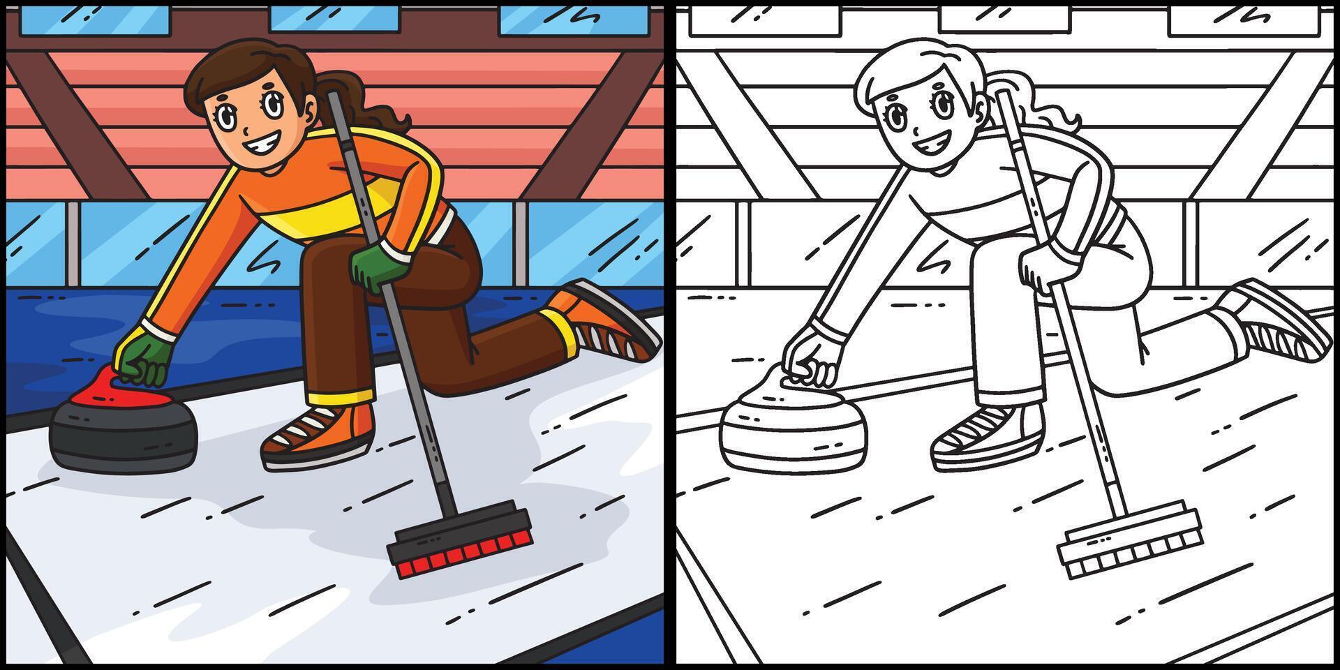 Curling Female Skip Delivering Stone Illustration vector