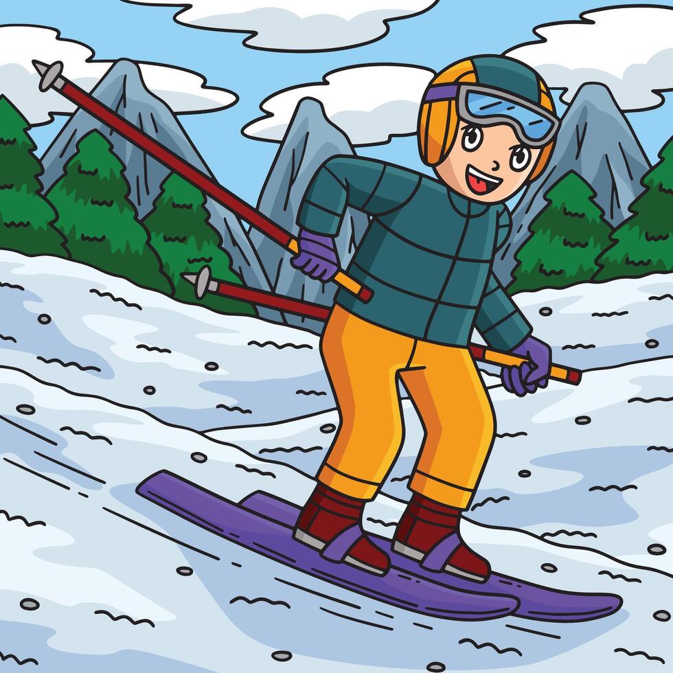 Skiing Boy Gliding with Skiboard Colored Cartoon vector