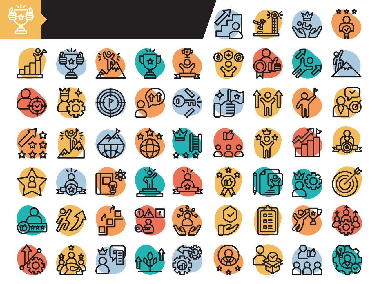 Success and achievement outline color icons set.Containing achievement, successful, strategy, winner, teamwork, goal, brainstorm. set vector