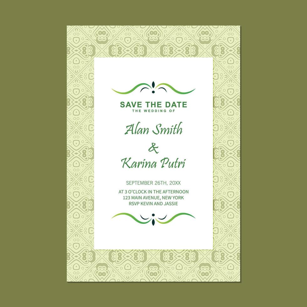 Wedding Invitation Card with Floral Pattern and Green Accents vector