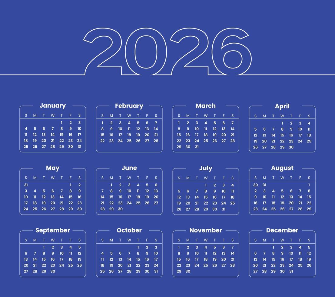 Elegant 2026 wall calendar blue template of full page design. 2026 Calendar Overview vector