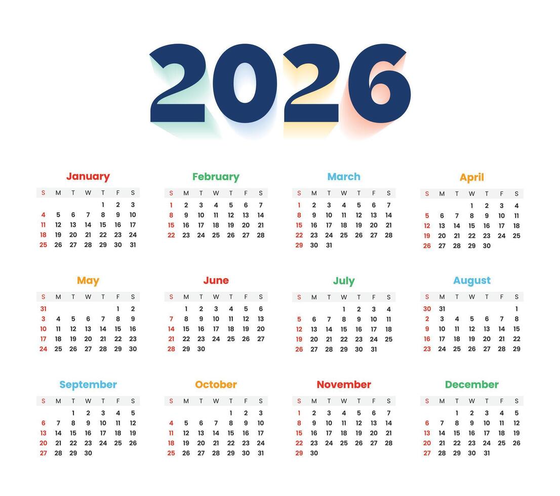 2026 colorful annual calendar template for a printable design. 2026 New Year Calendar vector