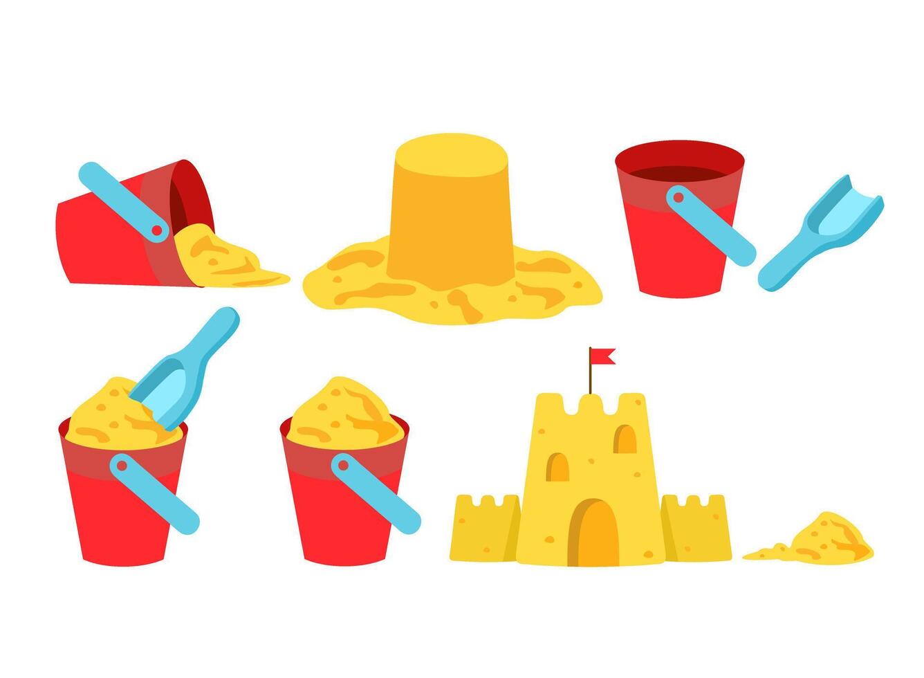 Beach sand castle with children s bucket, sand bucket and shovel. Sand bucket set vector