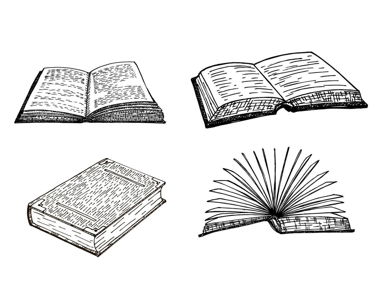 Books hand drawn set. Opened and closed books isolated on white background. sketch icons of literature for library, store, university or school vector